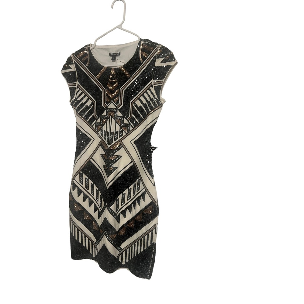 Express Sequin Geometric Art Deco Bodycon Dress Black Gold White XS NWT